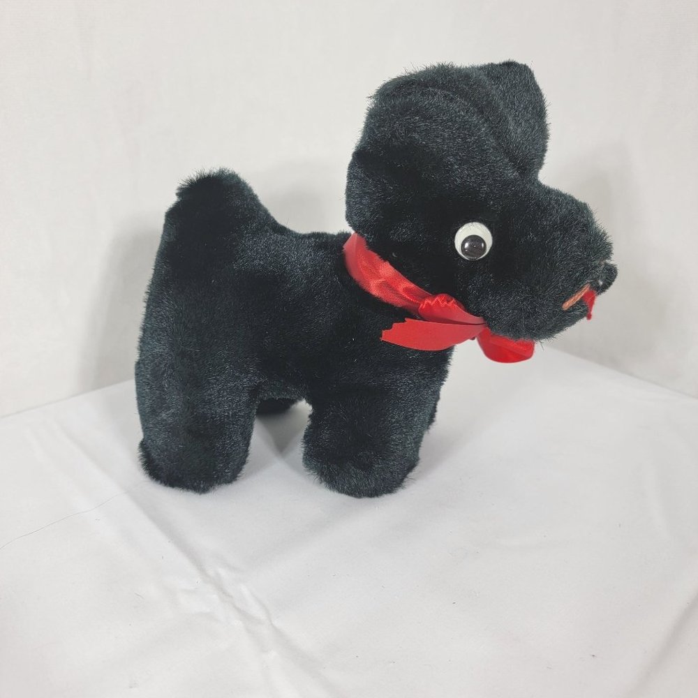 Vintage Black Dog Plush No Tags 8" Stuffed Animal Toy Red Bow Googly Eyes